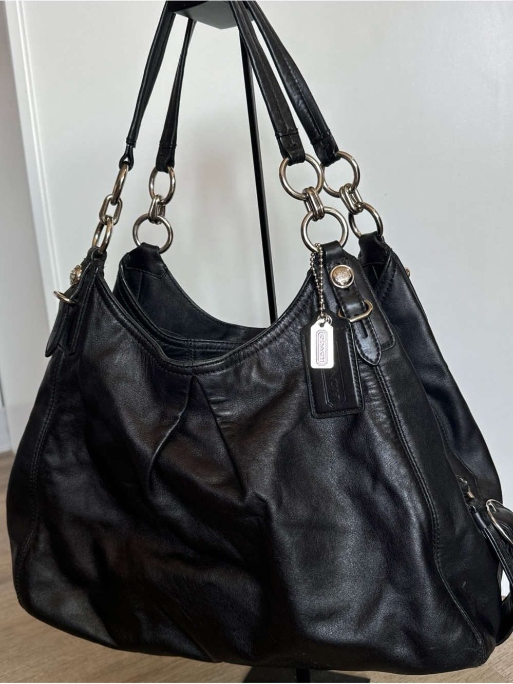 Coach Black Leather Shoulder Bag with Silver-Tone Rings